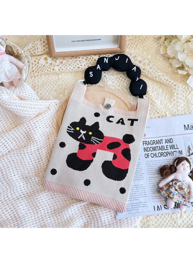 Handbag On Behalf Of Women's Knitted Mobile Phone Bag Internet Celebrity Love Bag Messenger Bag Mini Bag-Color:Long-legged Cat (handle + Shoulder Strap) - Image 1