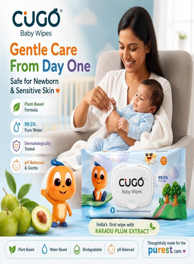 Cugo Baby Wipes, Gentle on Sensitive Skin, Plant-Based Fabric, 99.5% Water-Based, Natural Australian Kakadu Plum Infused, Dermatologically Tested, Newborn Safe, Biodegradable | Pack of 4 - Image 2