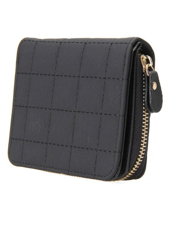 Women's Wallet, Premium PU Leather Purse Small RFID Blocking Ladies Wallet with Stainless Steel Zipper, Short Grid Style Wallet Card Holder Case Coin Pocket for Women Girlfriend, Black - Image 1