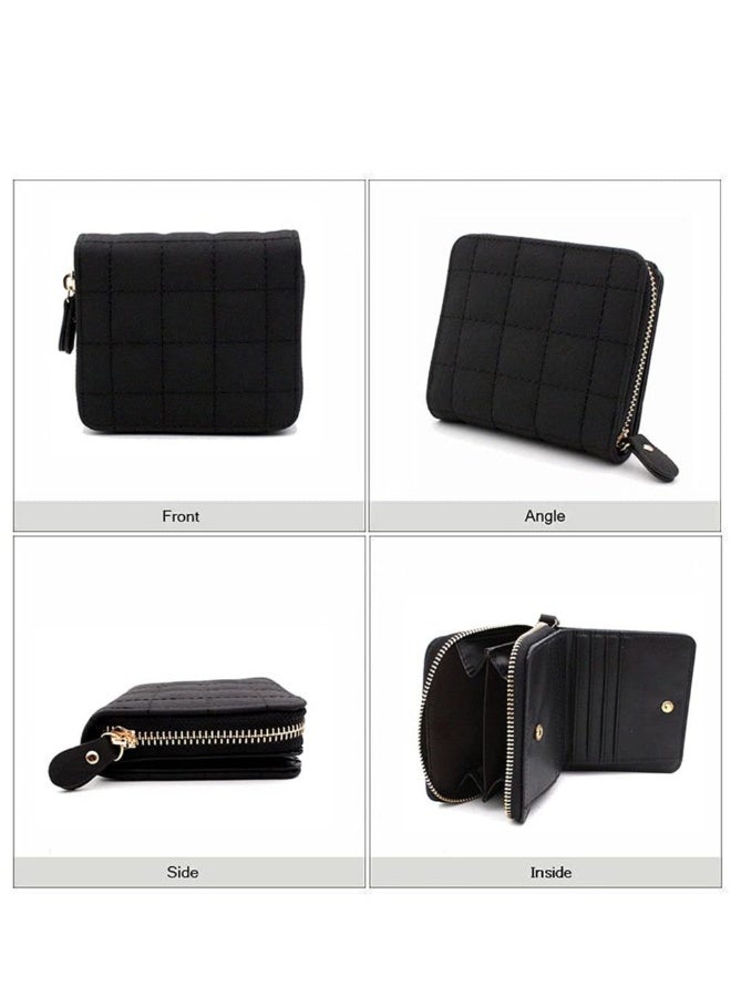 Women's Wallet, Premium PU Leather Purse Small RFID Blocking Ladies Wallet with Stainless Steel Zipper, Short Grid Style Wallet Card Holder Case Coin Pocket for Women Girlfriend, Black - Image 2