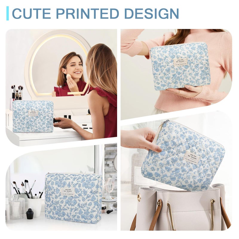 Gosect Floral Makeup Bag, Large Cosmetic Bag for Women Girls, Cute Cotton Make up Pouch, Quilted Makeup Bags, Flower Travel Toiletry Organizer Bag(Blue Floral) - Image 5