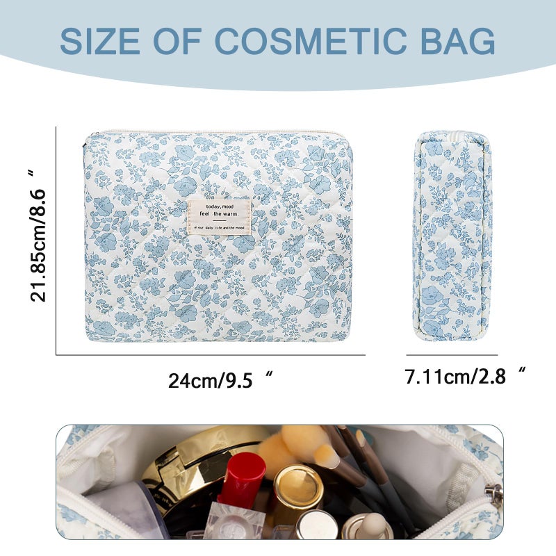 Gosect Floral Makeup Bag, Large Cosmetic Bag for Women Girls, Cute Cotton Make up Pouch, Quilted Makeup Bags, Flower Travel Toiletry Organizer Bag(Blue Floral) - Image 2