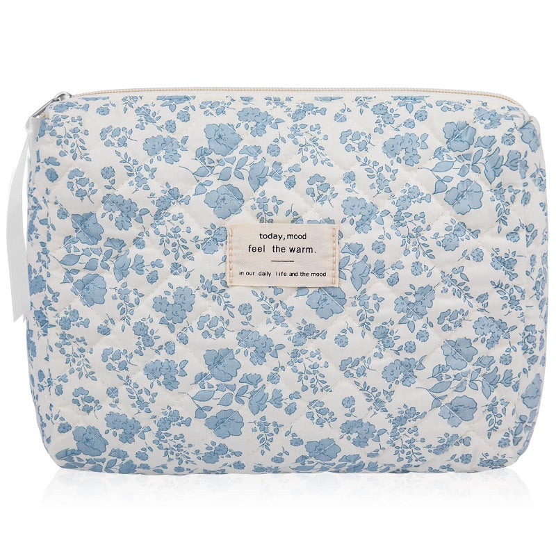 Gosect Floral Makeup Bag, Large Cosmetic Bag for Women Girls, Cute Cotton Make up Pouch, Quilted Makeup Bags, Flower Travel Toiletry Organizer Bag(Blue Floral) - Image 1
