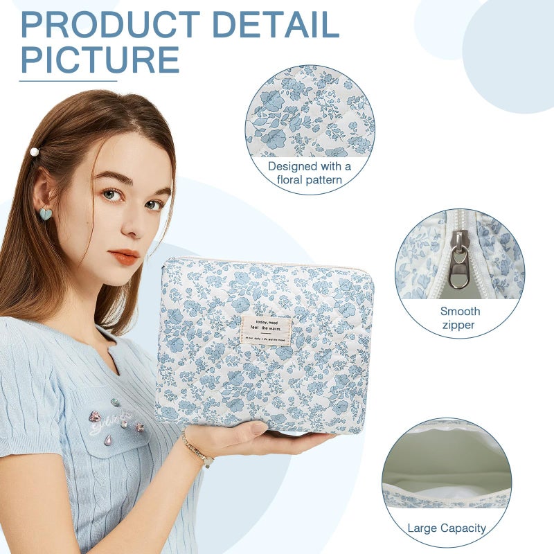 Gosect Floral Makeup Bag, Large Cosmetic Bag for Women Girls, Cute Cotton Make up Pouch, Quilted Makeup Bags, Flower Travel Toiletry Organizer Bag(Blue Floral) - Image 4