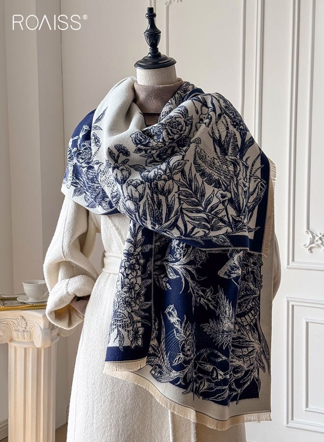 roaiss Women's Polyester Fringe Shawl Reversible Design with Floral Vintage Pattern Thickened Warmth Scarf Essential Neck-Warming Accessory for Fall/Winter Air-Conditioned Environments - Image 1