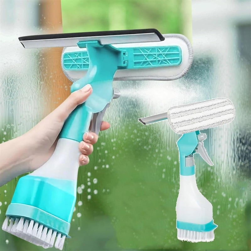 MAPPLE CREATION 4 in 1 Window Cleaning Kit Vacuum Squeegee Cordless Window Cleaner Tool with SprayBrush CleanerWipe Multihead Cleaning Brush for Shower Wall Mirror Glass Car Windshield Countertop