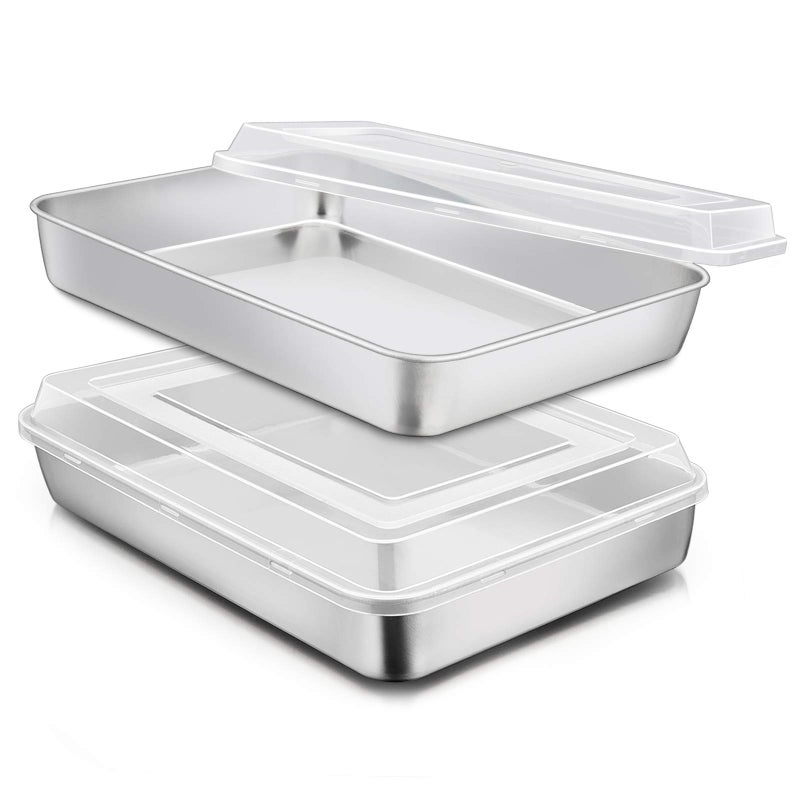 Efar Stainless Steel Baking Pan with Lid 12 x 9 x 2 Inch Rectangle Sheet Cake Pans with Covers Bakeware for Cakes Brownies Casseroles Nontoxic  Healthy Heavy Duty  Dishwasher Safe  Set of 2