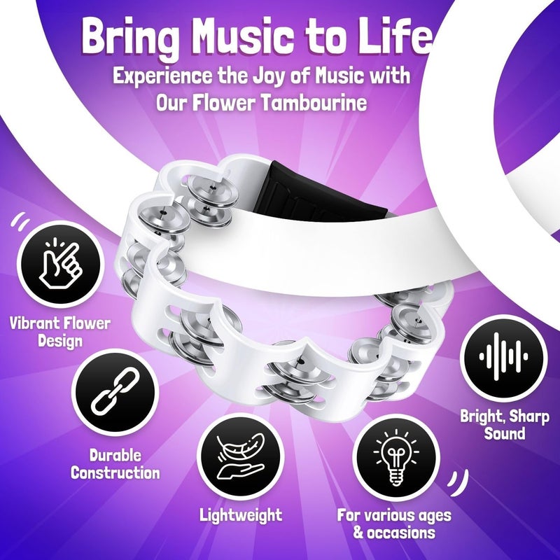 Flexzion Flower Tambourine - 8 Inch Handheld Percussion Instrument w/Metal Jingles & Ergonomic Grip - Small Tambourines for Adults, Church, Parties, & Musical Events (7 Color Pack) - Image 5