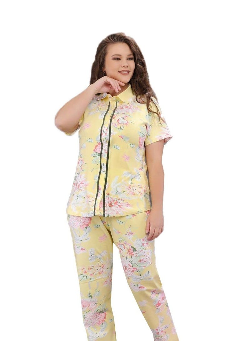 Ganna Women's short-sleeved pyjamas with buttons and summer long pants made of cotton large sizes 