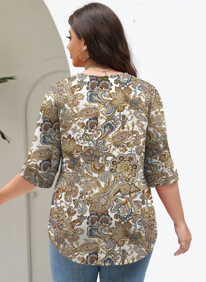 TFSDOD Plus Size Tops for Women V Neck T Shirt 3/4 Length Sleeve Blouse Dressy Casual Tee Loose Fit XL-5X, White Color Floral, XXL - Image 3