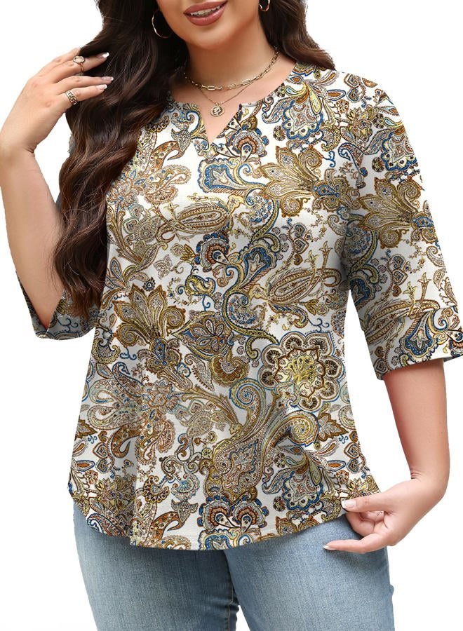 TFSDOD Plus Size Tops for Women V Neck T Shirt 3/4 Length Sleeve Blouse Dressy Casual Tee Loose Fit XL-5X, White Color Floral, XXL - Image 2