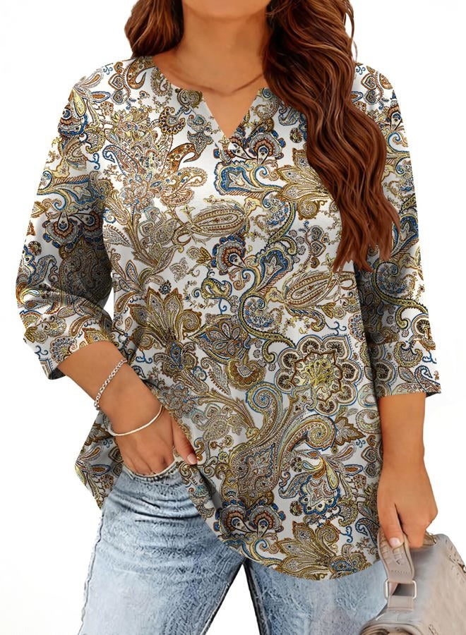 TFSDOD Plus Size Tops for Women V Neck T Shirt 3/4 Length Sleeve Blouse Dressy Casual Tee Loose Fit XL-5X, White Color Floral, XXL - Image 1