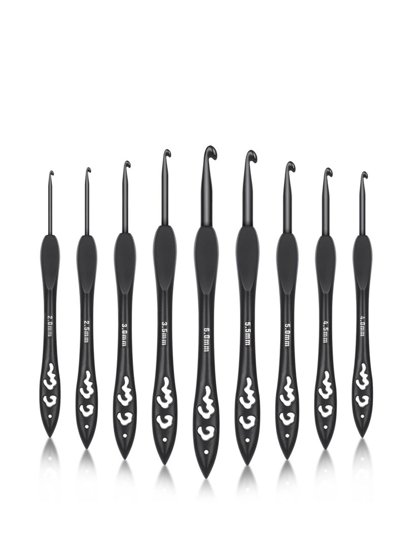 Excefore 9 Sizes Crochet Hooks, Black Crochet Needles, Ergonomic Soft Grip Aluminum Crochet Hook Set, Lightweight Knitting & Crochet Supplies, for Arthritic Hands Beginners Kids Adults 2.0mm(B)-6.0mm(J)  - Image 1