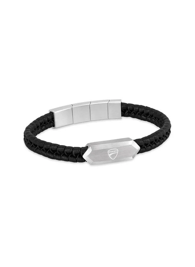 Ducati Leggenda Silver Stainless Steel Black Braided Leather Bracelet for Men 180mm