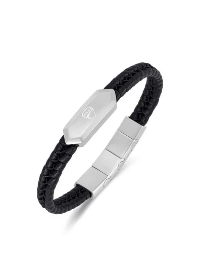 Ducati Leggenda Silver Stainless Steel Black Braided Leather Bracelet for Men 180mm