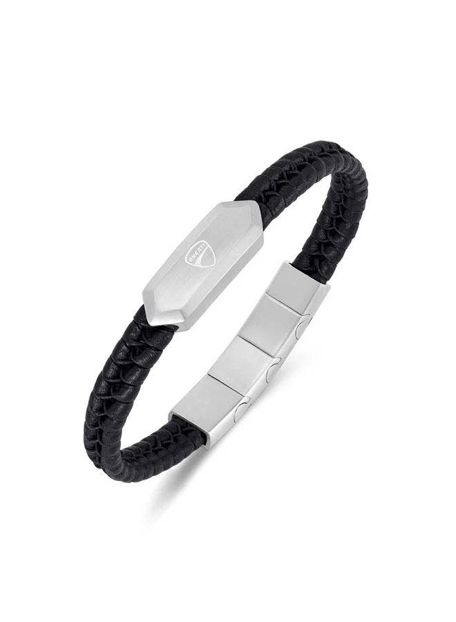 Ducati Leggenda Silver Stainless Steel Black Braided Leather Bracelet for Men 180mm