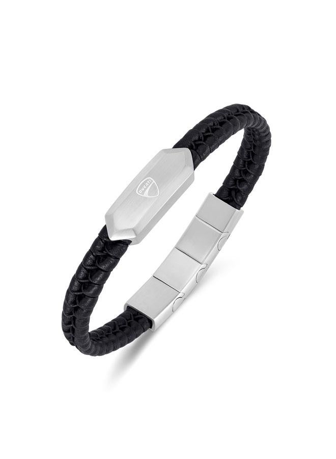 Ducati Leggenda Silver Stainless Steel Black Braided Leather Bracelet for Men 180mm - Image 1
