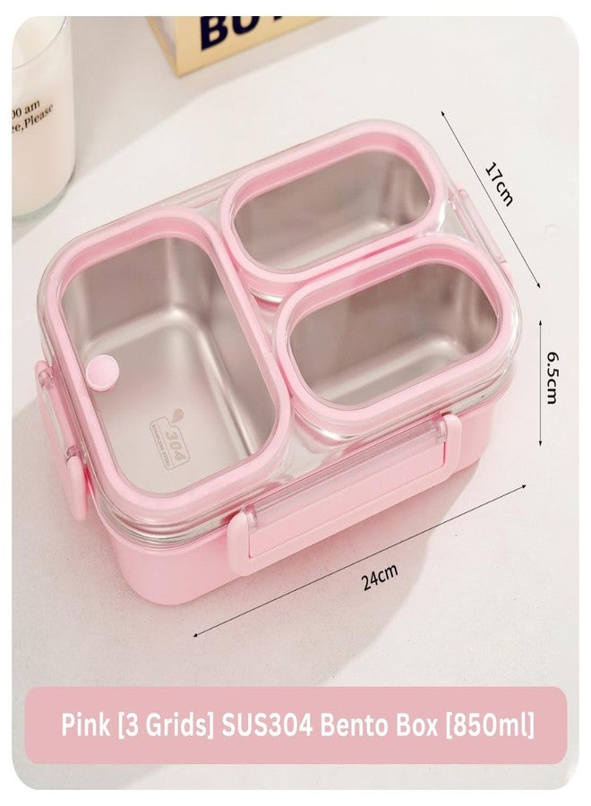 UniKart 3 Compartment 850ml Stainless Steel Lunch Box for Office & School | Leak-Proof Bento Box with Airtight Lid | Microwave Safe Base | Portable Meal Container for Adults & Kids (Pink) - Image 2