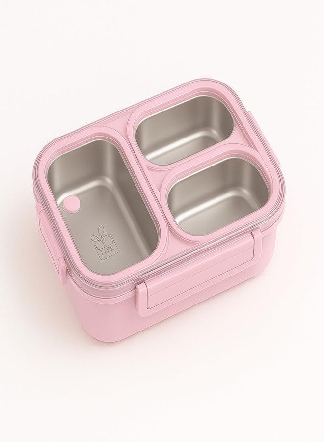 UniKart 3 Compartment 850ml Stainless Steel Lunch Box for Office & School | Leak-Proof Bento Box with Airtight Lid | Microwave Safe Base | Portable Meal Container for Adults & Kids (Pink) - Image 1
