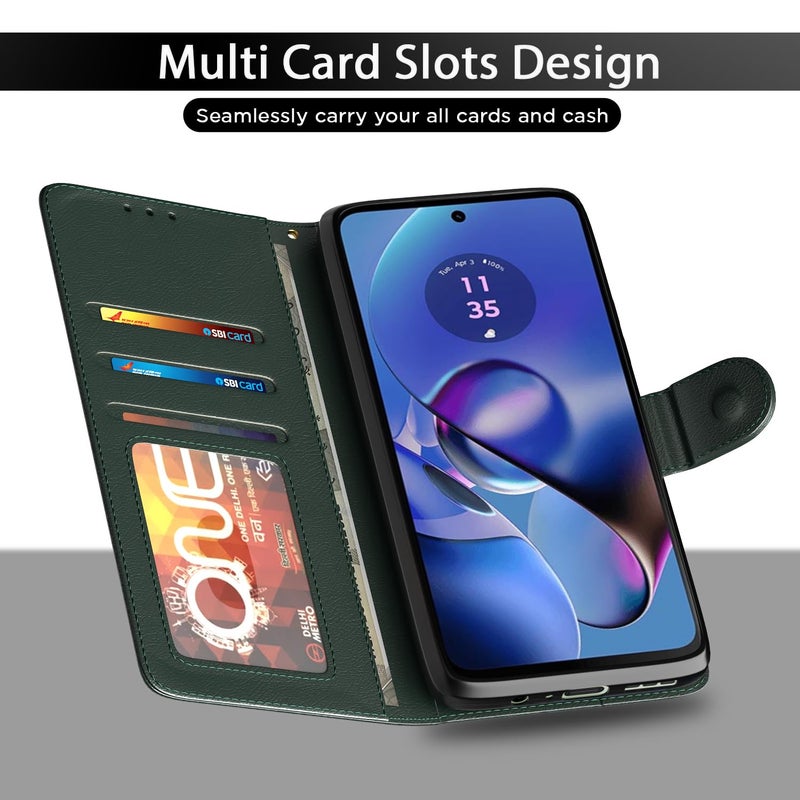 Pikkme Flip Cover Leather Finish | Inside TPU with Card Pockets | Wallet Stand and Shock Proof | Complete Protection Flip Case for Moto G54 5G / G64 5G(Green) - Image 5