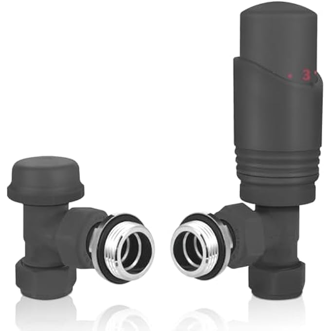 THERMOSTATIC RADIATOR VALVES (TRV), TEXTURED ANTHRACITE GREY, ANGLED LOCKSHIELD VALVE, 15MM, FOR CENTRAL HEATING RADIATORS, TOWEL RAILS - Image 2