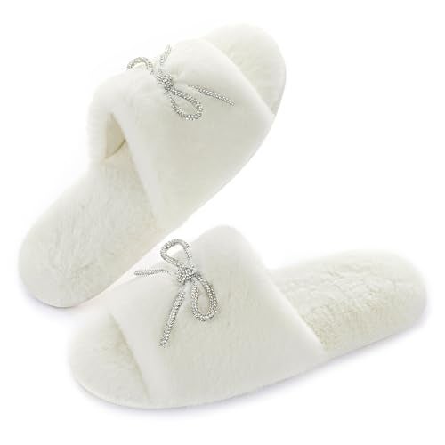 ULTRAIDEAS Women's Fuzzy House Slippers Fancy Open Toe Slides Slippers with Rhinestone Bowknot and Non Slip Sole (White, Size 8) - Image 1