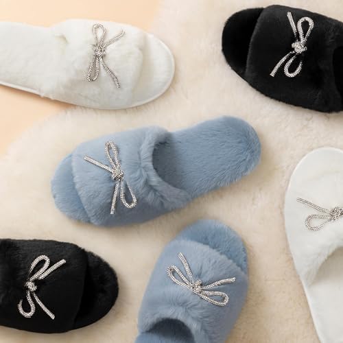 ULTRAIDEAS Women's Fuzzy House Slippers Fancy Open Toe Slides Slippers with Rhinestone Bowknot and Non Slip Sole (White, Size 8) - Image 4