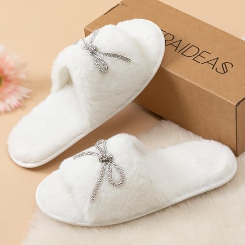 ULTRAIDEAS Women's Fuzzy House Slippers Fancy Open Toe Slides Slippers with Rhinestone Bowknot and Non Slip Sole (White, Size 8) - Image 5