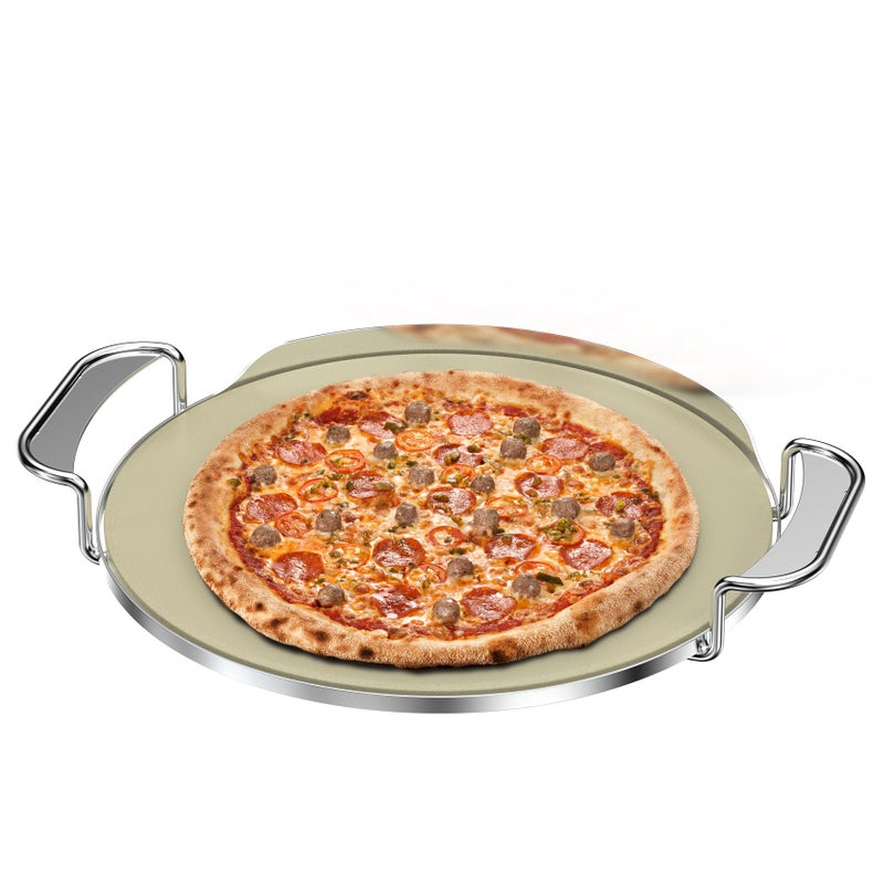 Skyflame Round Pizza Stone and Carry Rack with Handle 13inch Baking Stone with Stand Compatible With Weber 8836 CharcoalSmokeGasCeramic Grills Pizza Oven