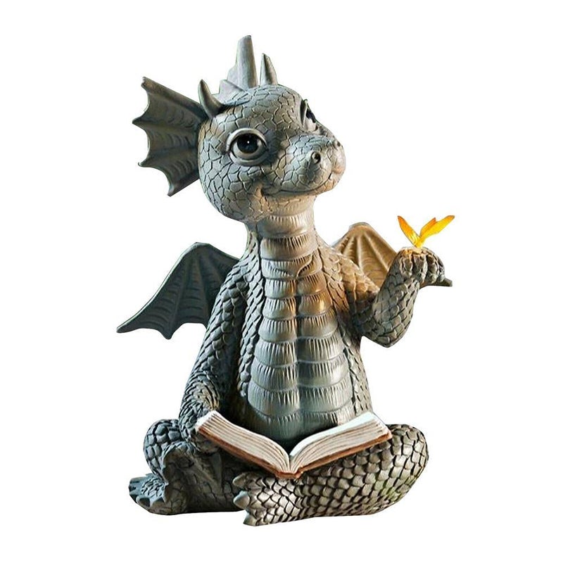 JARPSIRY Cute Dragon Reading Book Statue 59Inch Tall Dinosaur Holding Butterfly Figurines Art Resin Sculpture Outdoor Garden Decor Home Desk Ornaments