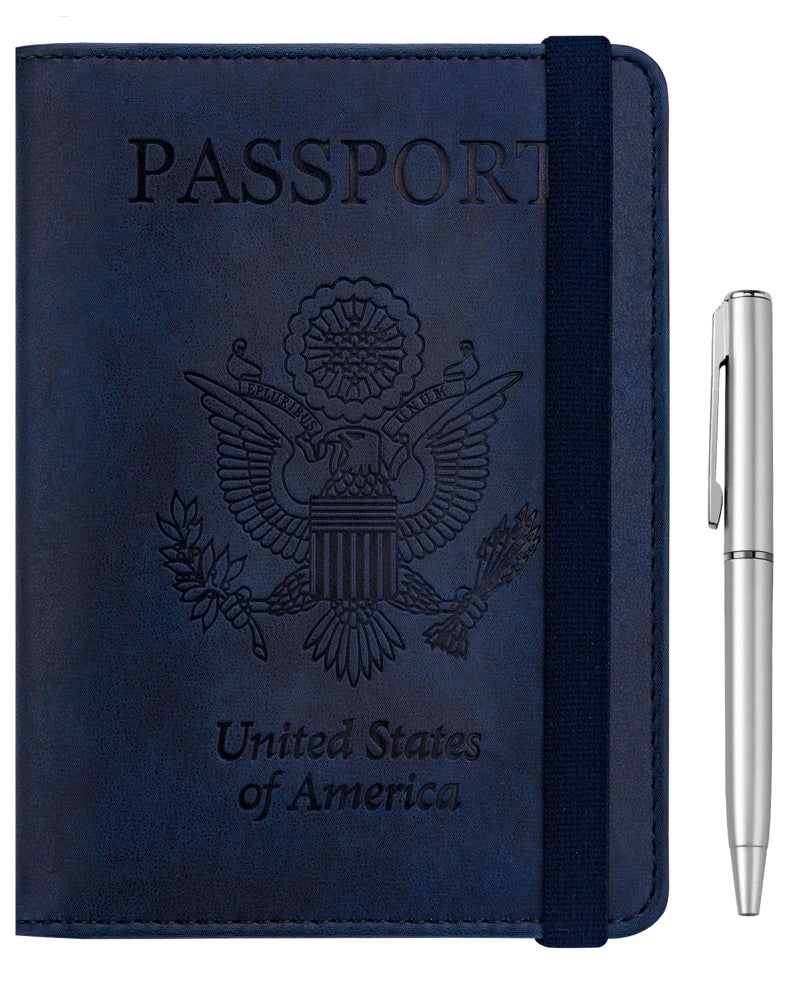 WALNEW Passport Holder for Travel, RFID Passport Cover Wallet for Women Men, PU Leather Passport Book Card Holder Case with Pen (Elastic Band Closure, A-Navy Blue) - Image 1
