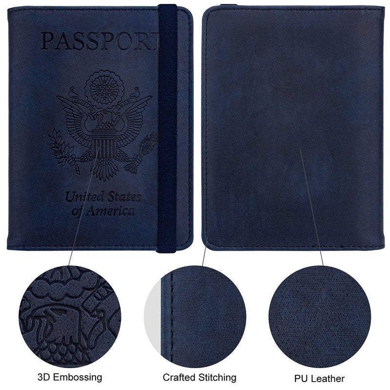 WALNEW Passport Holder for Travel, RFID Passport Cover Wallet for Women Men, PU Leather Passport Book Card Holder Case with Pen (Elastic Band Closure, A-Navy Blue) - Image 4