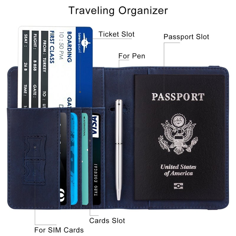 WALNEW Passport Holder for Travel, RFID Passport Cover Wallet for Women Men, PU Leather Passport Book Card Holder Case with Pen (Elastic Band Closure, A-Navy Blue) - Image 3