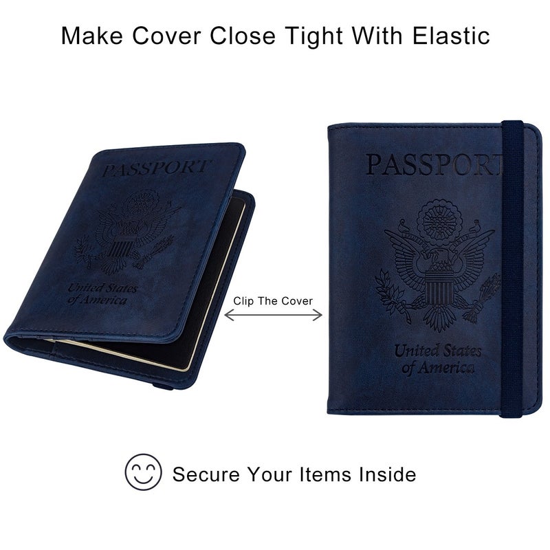 WALNEW Passport Holder for Travel, RFID Passport Cover Wallet for Women Men, PU Leather Passport Book Card Holder Case with Pen (Elastic Band Closure, A-Navy Blue) - Image 5