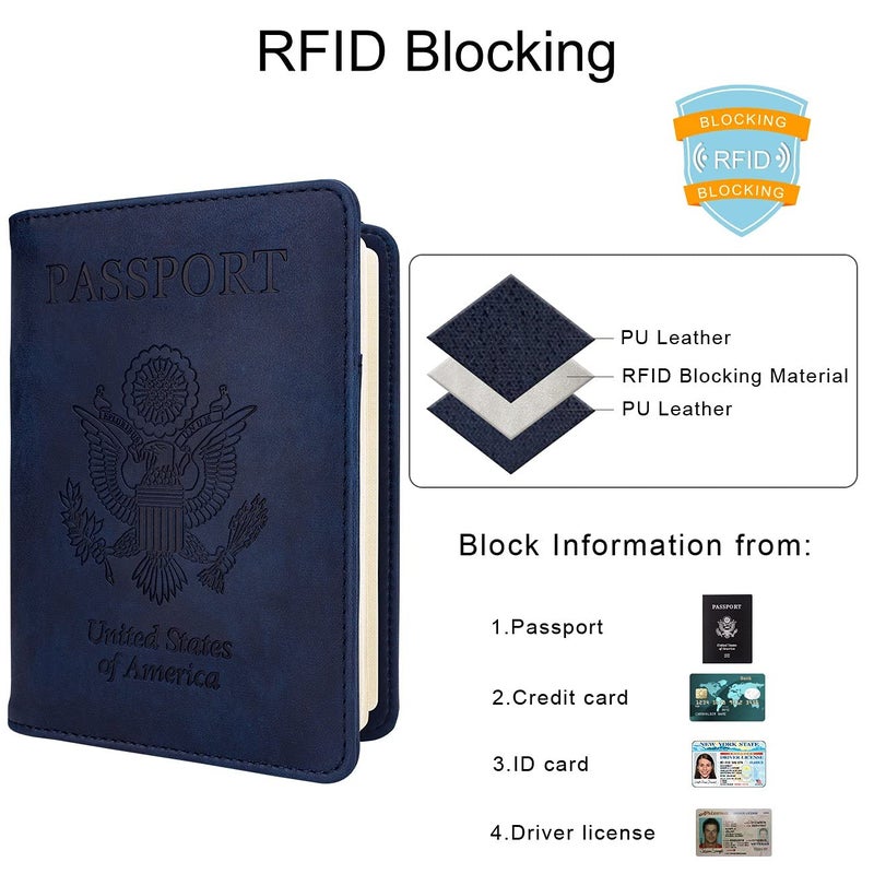 WALNEW Passport Holder for Travel, RFID Passport Cover Wallet for Women Men, PU Leather Passport Book Card Holder Case with Pen (Elastic Band Closure, A-Navy Blue) - Image 2