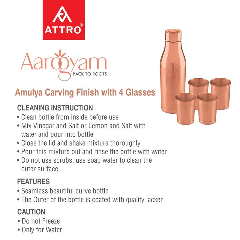 Attro Aarogyam Amulya 1000ml Carving Finish JointLess Copper Water Bottle with 4 Glasses for Improves Immunity Nervous Digestive System - Image 4