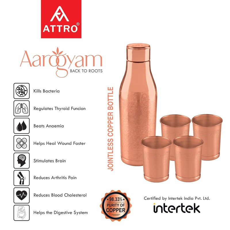 Attro Aarogyam Amulya 1000ml Carving Finish JointLess Copper Water Bottle with 4 Glasses for Improves Immunity Nervous Digestive System - Image 3