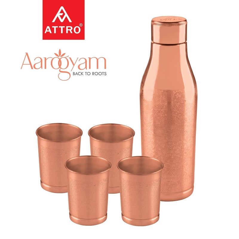 Attro Aarogyam Amulya 1000ml Carving Finish JointLess Copper Water Bottle with 4 Glasses for Improves Immunity Nervous Digestive System - Image 2