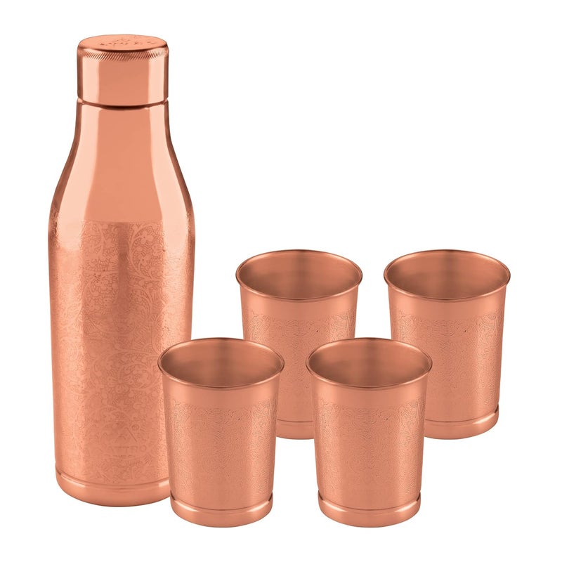 Attro Aarogyam Amulya 1000ml Carving Finish JointLess Copper Water Bottle with 4 Glasses for Improves Immunity Nervous Digestive System - Image 1