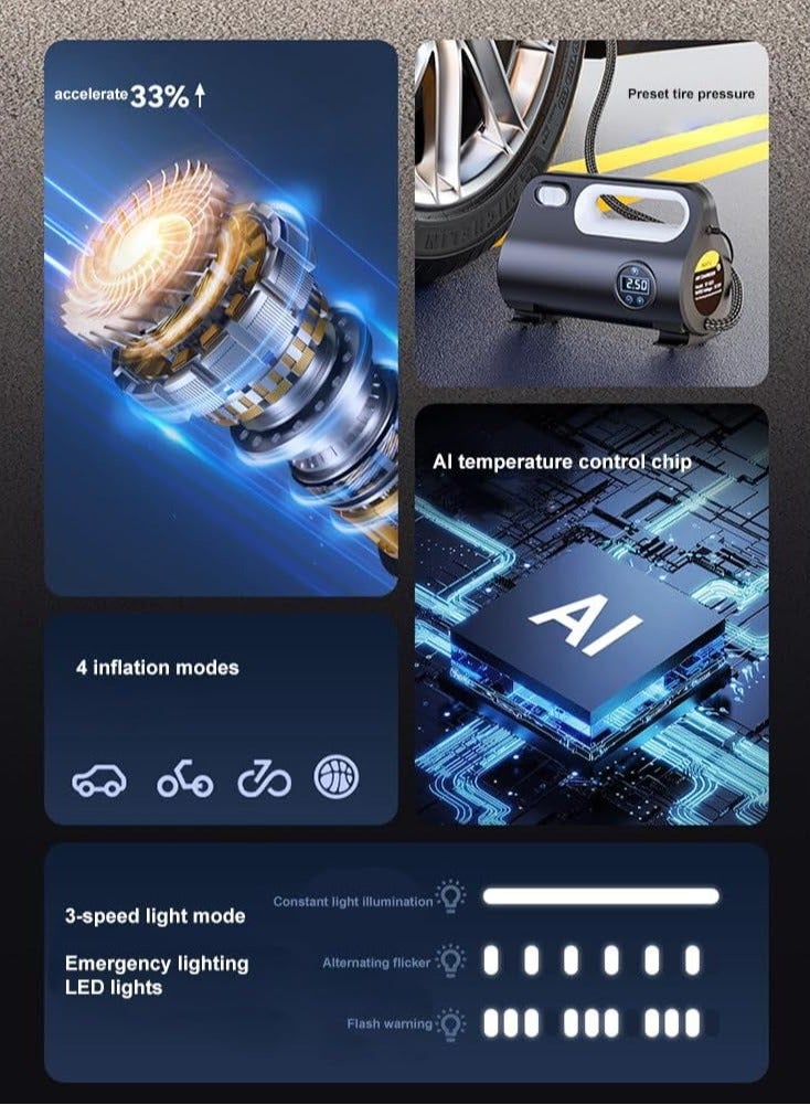 Tire Inflator, Air Compressor, Portable Electric Car Tire Pump with Tire Pressure Gauge, Auto Stop Car Air Pump with 3 Nozzle Valve Adapter and LED Light, Car Accessories, 12V - Image 5