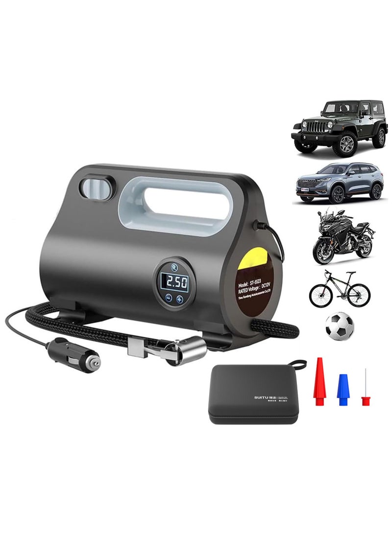 Tire Inflator, Air Compressor, Portable Electric Car Tire Pump with Tire Pressure Gauge, Auto Stop Car Air Pump with 3 Nozzle Valve Adapter and LED Light, Car Accessories, 12V - Image 1