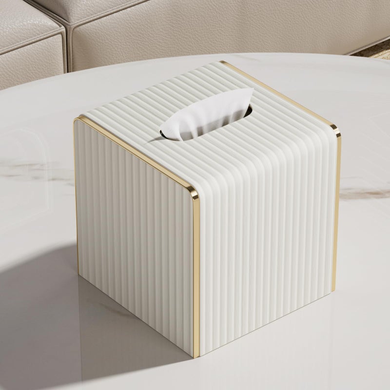 LADSTAG Tissue Box Cover,White Square Leather Tissue Box Holders with Gold-Tone Edging Decoration, Tissue Vessel for Bathroom Toilet Bedroom Living Room Table Desk Office,Modern Home Decor - Image 2