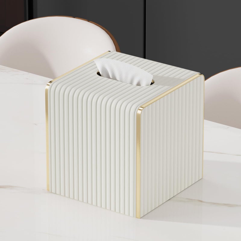 LADSTAG Tissue Box Cover,White Square Leather Tissue Box Holders with Gold-Tone Edging Decoration, Tissue Vessel for Bathroom Toilet Bedroom Living Room Table Desk Office,Modern Home Decor - Image 4