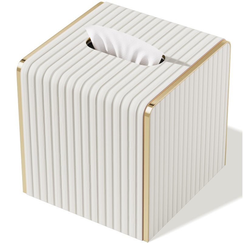 LADSTAG Tissue Box Cover,White Square Leather Tissue Box Holders with Gold-Tone Edging Decoration, Tissue Vessel for Bathroom Toilet Bedroom Living Room Table Desk Office,Modern Home Decor - Image 1