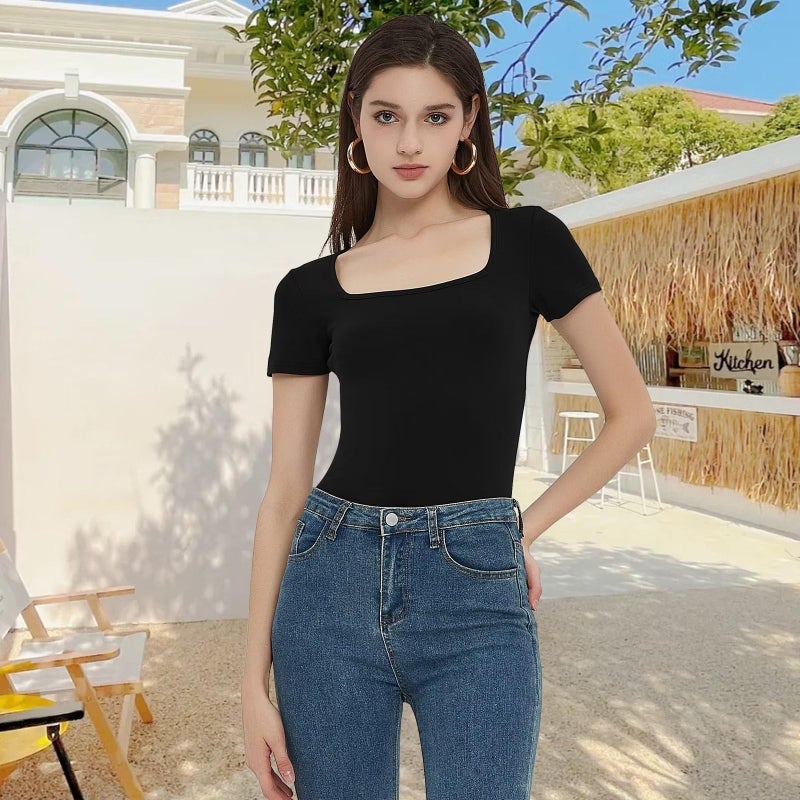 CE' CERDR Womenâ€™s 5 Pack Short Sleeve Bodysuits Square Neck T-shirt Basic Casual Tops Body suit - Image 4