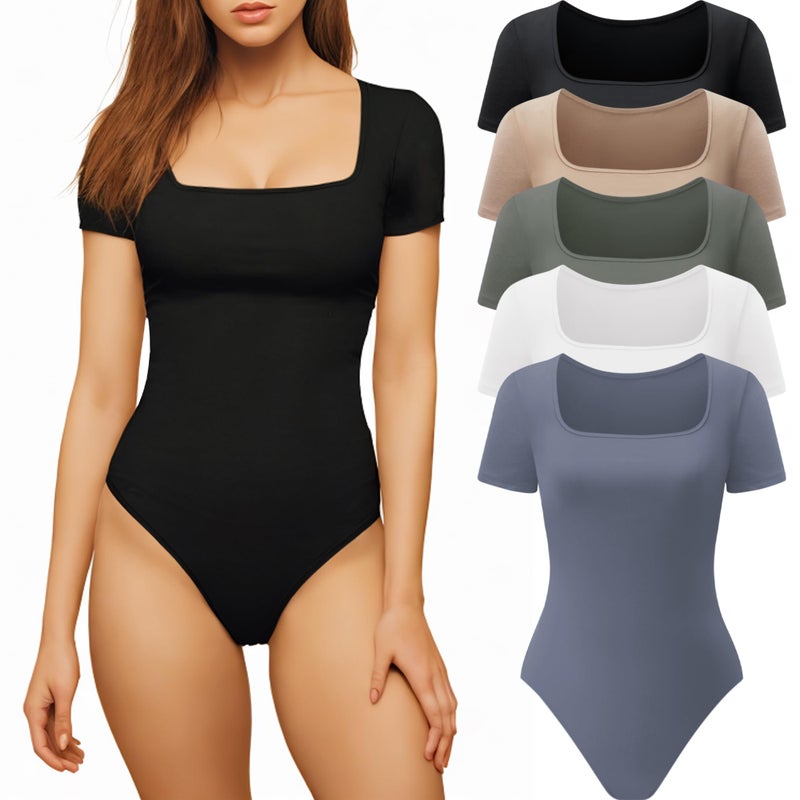 CE' CERDR Womenâ€™s 5 Pack Short Sleeve Bodysuits Square Neck T-shirt Basic Casual Tops Body suit - Image 1