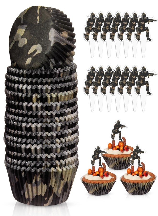 Vesici 200 Counts Cupcake Liners and 200 Counts Cupcake Toppers Round Baking Cups Greaseproof Muffin Liners for Christmas Holiday Birthday Theme Party Supplies(Camouflage) - Image 1