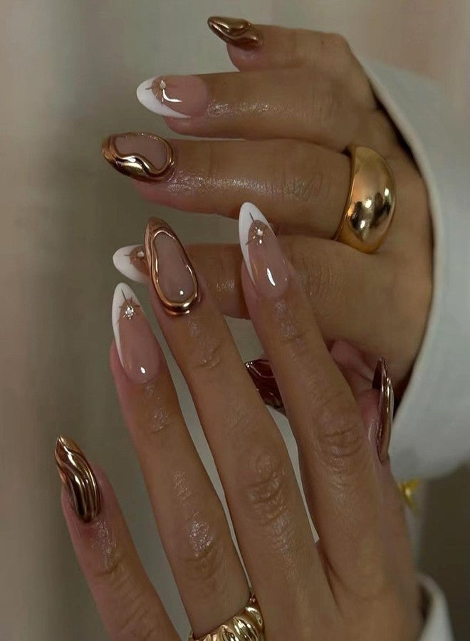 MISUD Press on Nails - Short Almond Glue on Nails with Gold Chrome, Acrylic White French Tip Design 30 pcs - Image 1