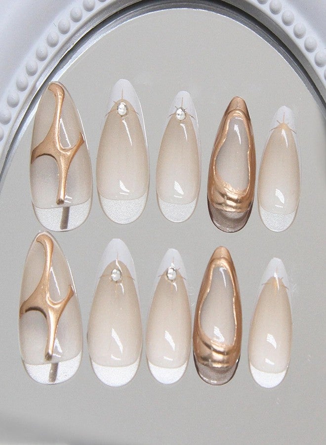 MISUD Press on Nails - Short Almond Glue on Nails with Gold Chrome, Acrylic White French Tip Design 30 pcs - Image 2