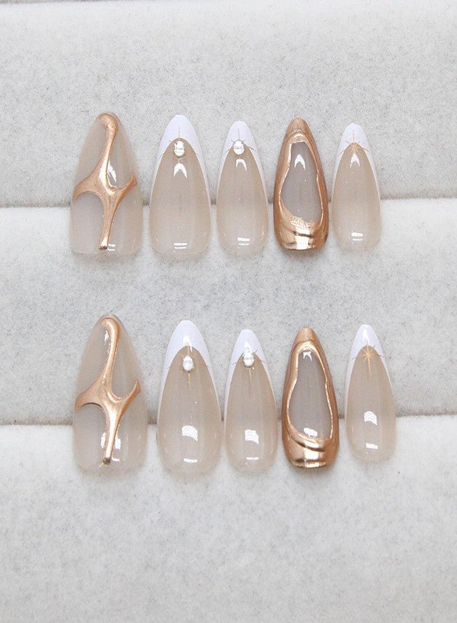 MISUD Press on Nails - Short Almond Glue on Nails with Gold Chrome, Acrylic White French Tip Design 30 pcs - Image 3